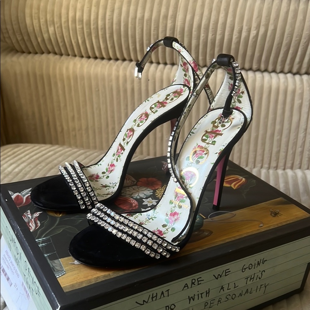 Gucci Black Stiletto sandal heel with Rhinestone Accents